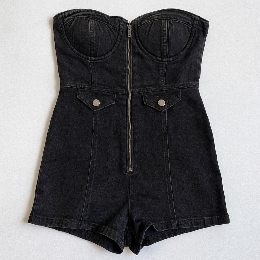 Fashion Nova • Bustier Denim Romper • Black • Size S